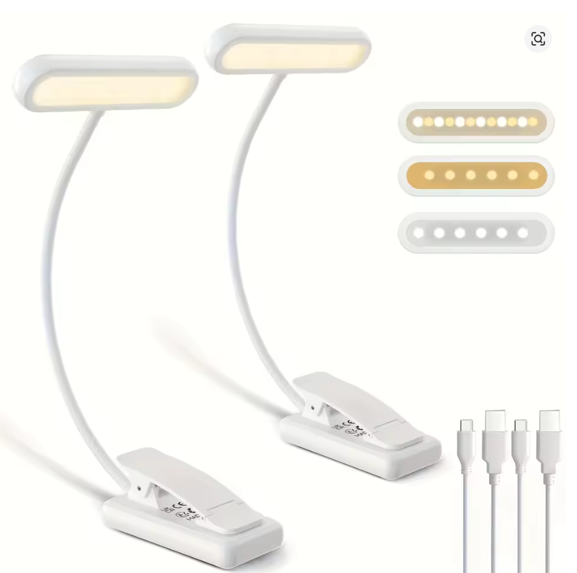 USB Rechargeable LED Book Light – 3 Colours, Adjustable Clip-On Reading Lamp