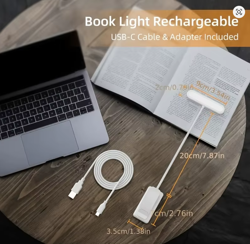 USB Rechargeable LED Book Light – 3 Colours, Adjustable Clip-On Reading Lamp