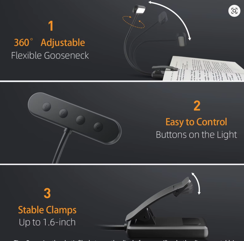 USB Rechargeable LED Book Light – 3 Colours, Adjustable Clip-On Reading Lamp